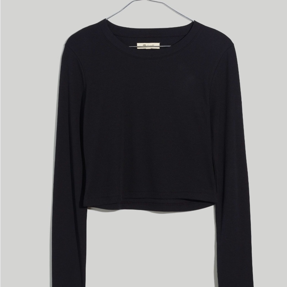 Madewell Fine Ribbed Supercrop Crewneck Long-Sleeve Tee in True Black